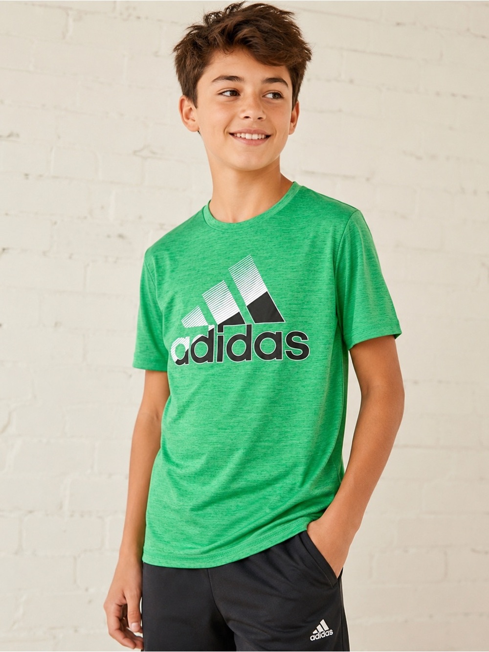 Adidas Boys Green Heather Performance Logo Athletic T-Shirt Size Large 3/$30